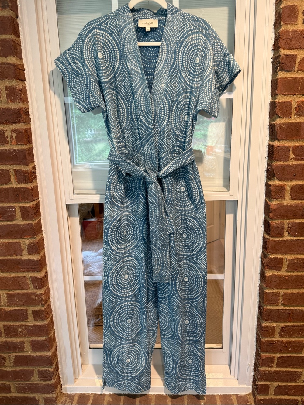 Cleobella Blue Denim CirclePrint Short-Sleeve Jumpsuit with Tie Belt